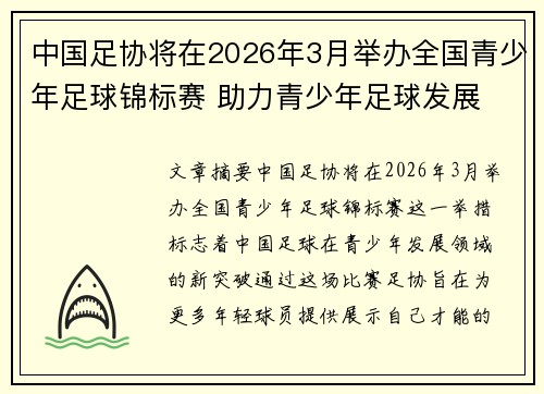 中国足协将在2026年3月举办全国青少年足球锦标赛 助力青少年足球发展